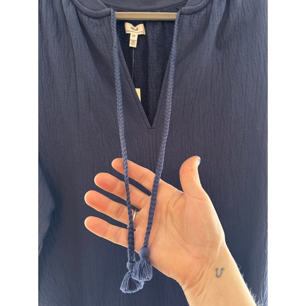 Aerie Textured Gauze Sweatshirt Split Neck Tassel Tie Navy Blue XXS NWT - Picture 5 of 12
